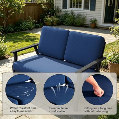 Pia Ricoo Outdoor Premium Teak Wood Loveseat with Armrests, All‑Weather Outdoor Furniture for Backyard, Deck, Lawn, Navy/Dark