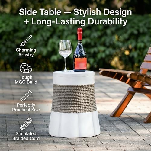 Merax Outdoor Light Gray & Brown Retro Side Table, Woven Rope & Fan-Base MGO End Table for Patio, Living Room & Office Decor