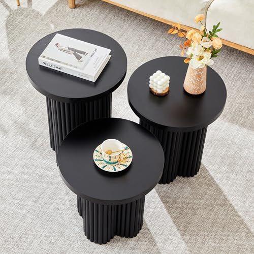 Round Nesting Coffee Table Set of 3 Fluted Coffee Table (Black)