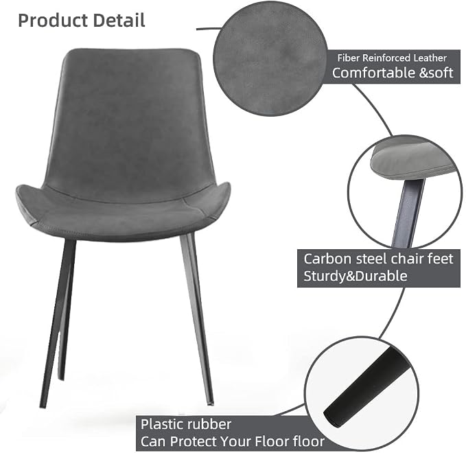 HIPIHOM Dining Chairs Set of 2, Modern Kitchen & Dining Room Chairs, Upholstered Faux Leather Cushion Seat and Sturdy Metal Legs (2 Grey Chairs)
