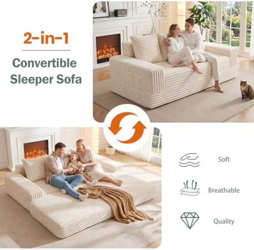 70" Convertible Sofa Bed, Corduroy Boneless Couch with Pocket