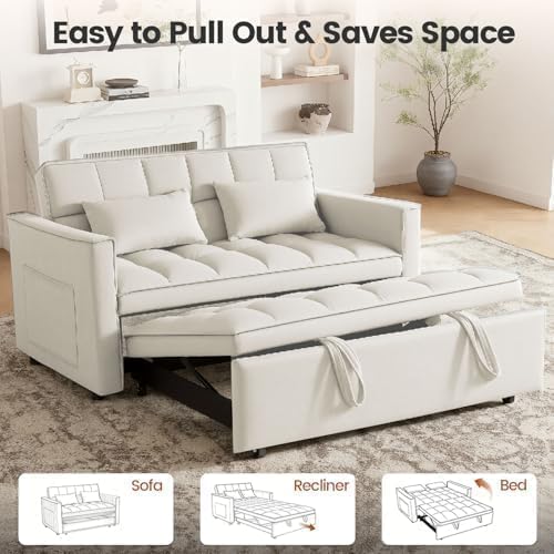 3 in 1 Convertible Sofa Bed, Loveseat Sleeper Sofa with Large Side Pockets, Pull Out Couch with Adjustable Backrest, Easy Assembly, Velvet Couch Bed for Small Spaces, Apartment, White