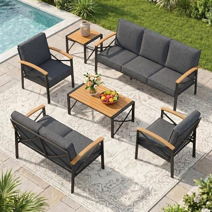 6-Piece Outdoor Patio Furniture Set for All-Weather, Heavy-Duty Metal Outside Furniture with Washable Thick Cushions, Patio Sectional with Coffee Table for Garden, Patio, Deck, Backyard, Grey
