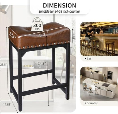 Bar Stools Set of 3, Counter Height Bar Stools for Kitchen Counter, 24 Inch Saddle Backless Barstools Kitchen Stool, Counter Height Stool for Dinning Room, Island-Brown