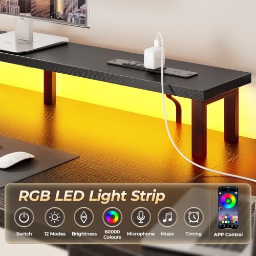 Korfile 54" Computer Desk with Power Outlets, LED, Side Hooks, CPU Stand