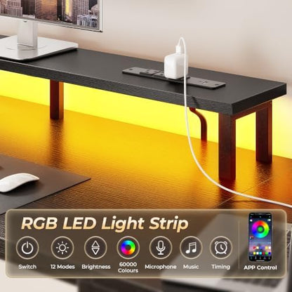 Korfile 54" Computer Desk with Power Outlets, LED, Side Hooks, CPU Stand
