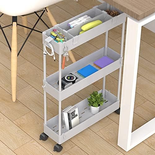 Slim Storage Cart 3 Tier,Bathroom Organizer Rolling Utility,Mobile Shelving Unit Slide Out for Office, Kitchen, Laundry Room & Narrow Places,Gray