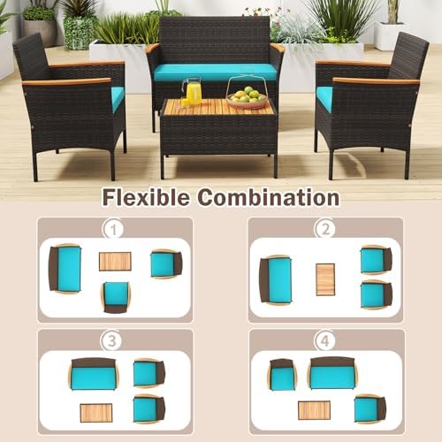 Tangkula 4 Pieces Patio Wicker Sofa Set, 2 Rattan Chairs & Loveseat w/Coffee Table, Acacia Wood Armrests & Tabletop, Outdoor Cushioned Conversation Set for Backyard, Poolside (Turquoise, 4 Pieces)