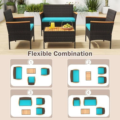 Tangkula 4 Pieces Patio Wicker Sofa Set, 2 Rattan Chairs & Loveseat w/Coffee Table, Acacia Wood Armrests & Tabletop, Outdoor Cushioned Conversation Set for Backyard, Poolside (Turquoise, 4 Pieces)