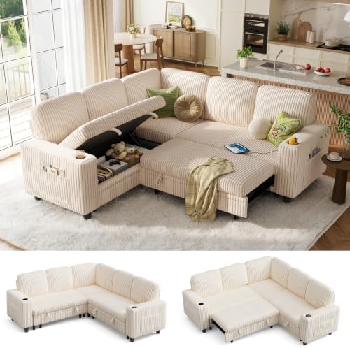 LINSY HOME Pull Out Sofa Bed Sectional Sleeper Sofa with Storage, Plush Corduroy Pullout Modular Sectional Couches for Living Room, L Shaped Convertible Couch Bed for Apartment (Beige)