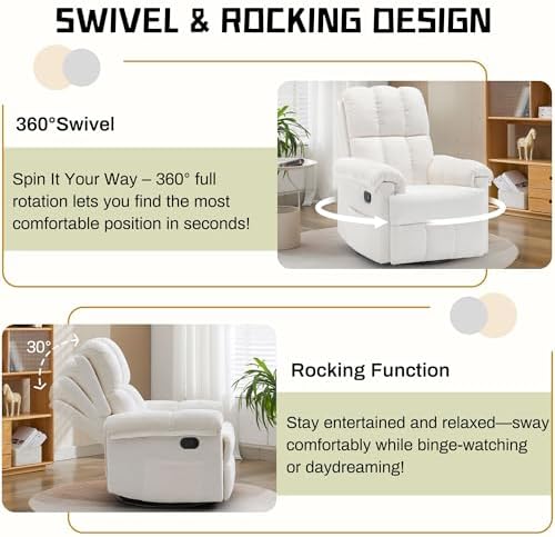 Korser Small Swivel Rocker Recliner Chair, Manual Recliner, Beige