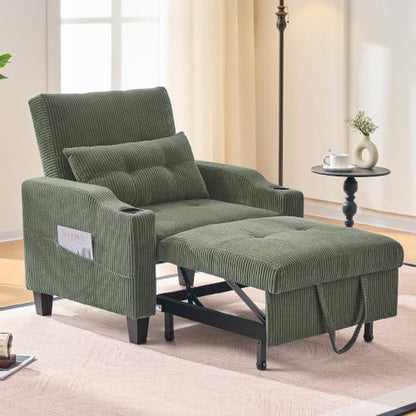 3 in 1 Convertible Sleeper Chair, Corduroy Single Sleeper Sofa Bed, Pull Out Sofa Bed Chair with Adjustable Backrest & Side Pockets for Living Room, Oliver Green