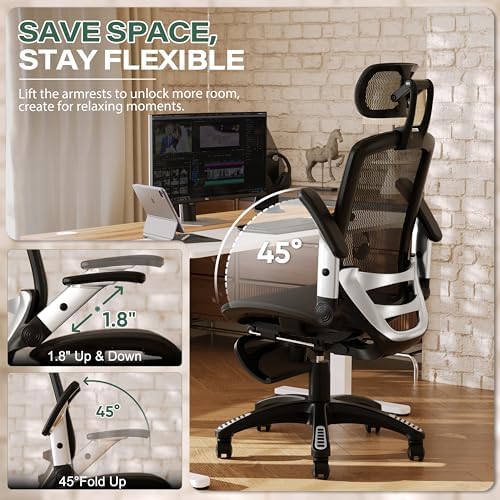 GABRYLLY Ergonomic Office Chair with Footrest, High Back Home Desk Chair - 3D Headrest, Flip-Up Arms, 135° Tilt and Wide Cushion, Heavy Duty Mesh Chairs for Task Computer Gaming, GYB01-FT