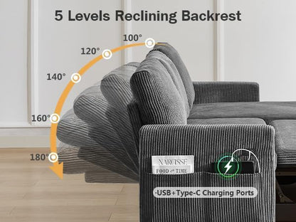 Vipbear 80" Sectional Sleeper Sofa Bed with Pull Out Bed, L Shaped Couch Pull Out Couch with Reclining Backrest, Reversible Storage Chaise, USB Ports, Tool-Free Assembly, Corduroy Dark Grey
