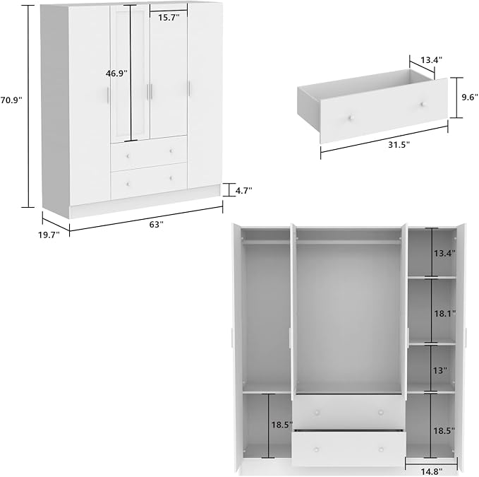 ECACAD Wardrobe Armoire with Mirror, 5-Tier Shelves, 2 Drawers, 2 Hanging Rods and 4 Doors, Wooden Closet Storage Cabinet for Bedroom, White (63”W x 19.7”D x 70.9”H)