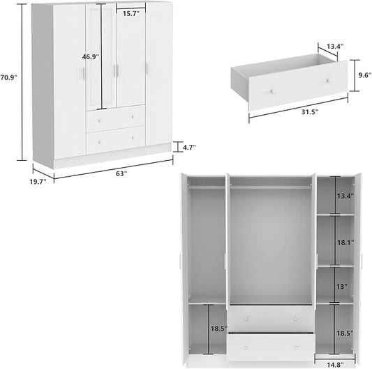 ECACAD Wardrobe Armoire with Mirror, 5-Tier Shelves, 2 Drawers, 2 Hanging Rods and 4 Doors, Wooden Closet Storage Cabinet for Bedroom, White (63”W x 19.7”D x 70.9”H)