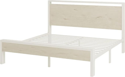 SHA CERLIN 14 Inch King Metal Platform Bed Frame with Wooden Headboard and Footboard, No Box Spring Needed, Large Under Bed Storage, Heavy Duty Slats Support, White Washed Oak