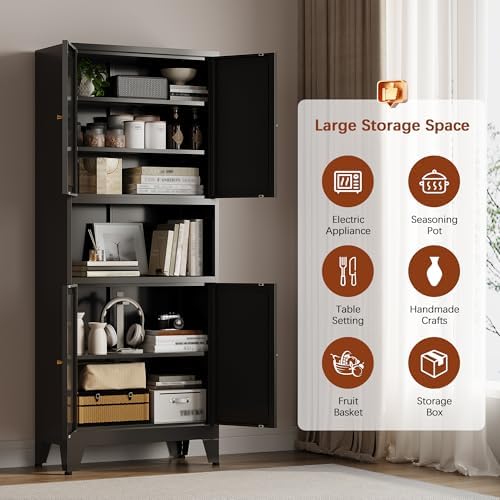 Metal Storage Cabinet, 69" Tall Bathroom Cabinets with 4 Doors & 3 Adjustable Shelves Large Cupboard, Black Metal Pantry Cabinets for Kitchen, Home Office, Garage, Warehouse