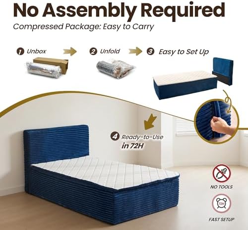 Twin Boneless Bed, Frame & Headboard & Mattress Set, Blue