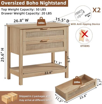 LEYAOYAO 26.8" Wide Rattan Night Stand, Oversized Large Nightstand