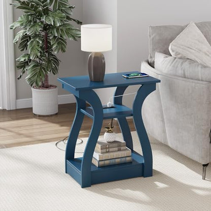 End Tables Living Room, End Table with Charging Station Navy Blue