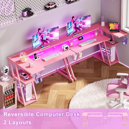 Korfile 47 Inch Gaming Desk with Power Outlet, LED, Carbon Fiber Pink