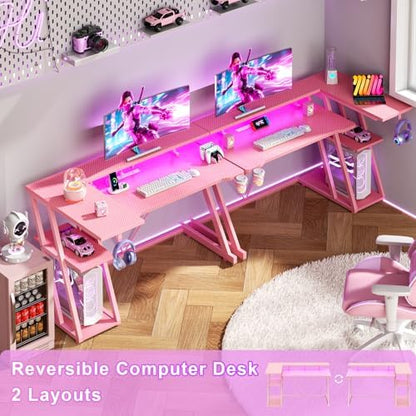 Korfile 47 Inch Gaming Desk with Power Outlet, LED, Carbon Fiber Pink