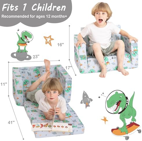 lasoftan Kids Sofa for Toddler, 2-in-1 Toddler Couch Fold Out, Convertible Sofa to Lounger Bed for Girls and Boys, with Removable Cover & Double Pockets - Gray Dinosaur