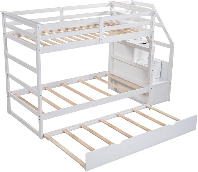 MERITLINE Twin Over Twin Bunk Beds with Trundle and Storage Box, Solid Wood Bunk Bed with Stairs and Storage Case for Teens Adults (White + Solid Wood)