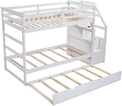 MERITLINE Twin Over Twin Bunk Beds with Trundle and Storage Box, Solid Wood Bunk Bed with Stairs and Storage Case for Teens Adults (White + Solid Wood)