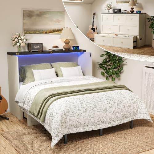 Queen Murphy Bed with Hidden Storage, Farmhouse Cabinet Bed with Storage Drawer, RGB LED Lights & Charging Station, Space-Saving Wall Bed with 6 Metal Legs, White