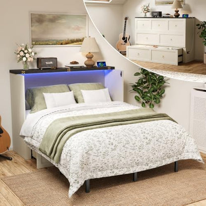 Queen Murphy Bed with Hidden Storage, Farmhouse Cabinet Bed with Storage Drawer, RGB LED Lights & Charging Station, Space-Saving Wall Bed with 6 Metal Legs, White