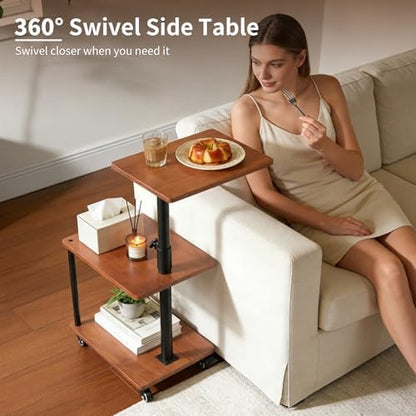 Rolling Side Table with Wheels, End Table, Natural Solid Wood