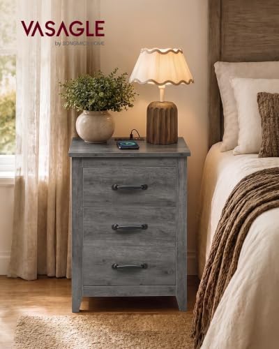 VASAGLE Farmhouse Nightstands Set of 2, with Charging Station, 3 Drawers