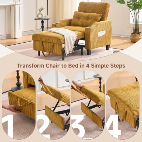 Corduroy Convertible Sleeper Chair, 3 in 1 Sleeper Chair Bed Pull Out Sofa Bed Chair, Single Sofa Bed Adjustable Backrest Chair Bed Sleeper for Adults Reading Living Room, Yellow