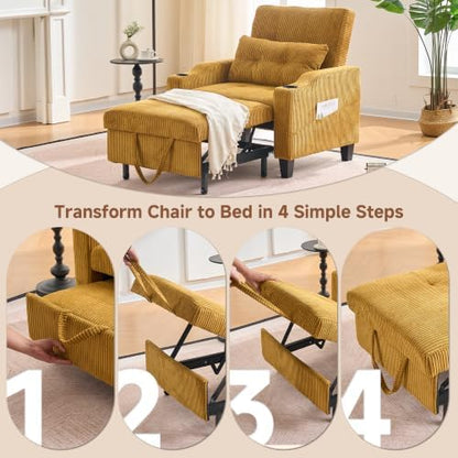 Corduroy Convertible Sleeper Chair, 3 in 1 Sleeper Chair Bed Pull Out Sofa Bed Chair, Single Sofa Bed Adjustable Backrest Chair Bed Sleeper for Adults Reading Living Room, Yellow