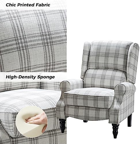 HULALA HOME Upholstered Wingback Recliner Chair Set of 2, Small Adjustable Footrest Push Back Single Reclining Sofa, Mid Century Modern Lounge Armchair for Living Room, Bedroom, Reading/Plaid Grey