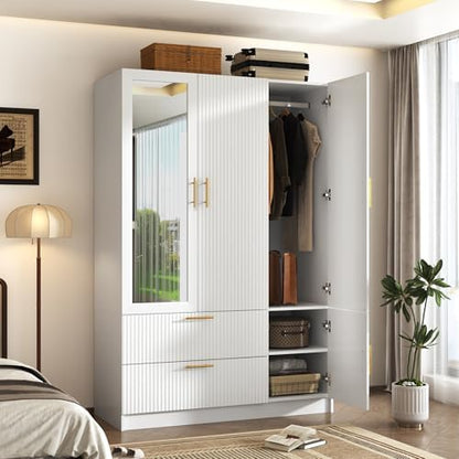 Squireewo Fluted Style 3 Doors Wardrobe Closet Armoire with Mirrors and LED Lights, 70.3" H Modern Wooden Bedroom Armoires with 2 Drawers, Large Capacity Freestanding Armoire, White