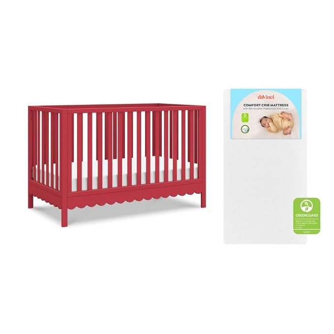 Davinci Sammy Scallop 4-in-1 Baby Crib & Mattress Bundle - Strawberry Red | Low-Profile Crib Convertible to Toddler Bed, Daybed, Full Bed - Easy to Assemble - Includes Mattress w/ Waterproof Cover