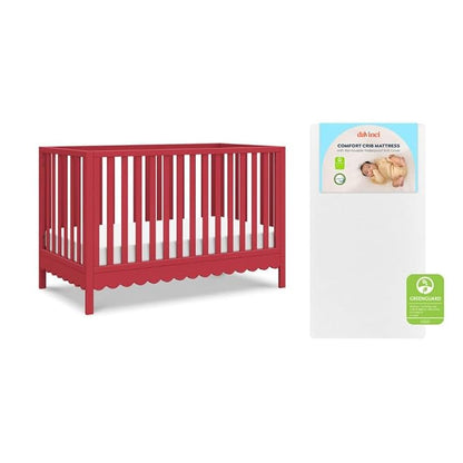 Davinci Sammy Scallop 4-in-1 Baby Crib & Mattress Bundle - Strawberry Red | Low-Profile Crib Convertible to Toddler Bed, Daybed, Full Bed - Easy to Assemble - Includes Mattress w/ Waterproof Cover