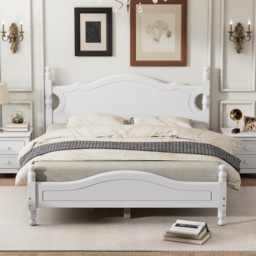 Merax Vintage Wood Platform Bed Frame with Cruved Headboard,Queen, White