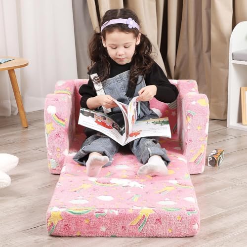 Kids Sofa Chair, 2-in-1 Foldable Couch, Plush, Candy Pink