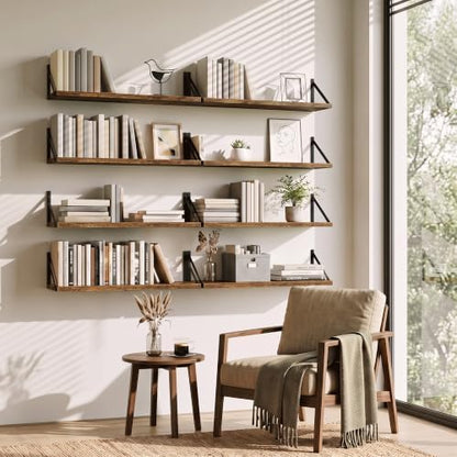 Extra Long Floating Wall Shelves, 48 x 8 Inches, Set of 3 Large Wood Floating Bookshelves with Metal Brackets for Storage & Display (Rustic Brown)