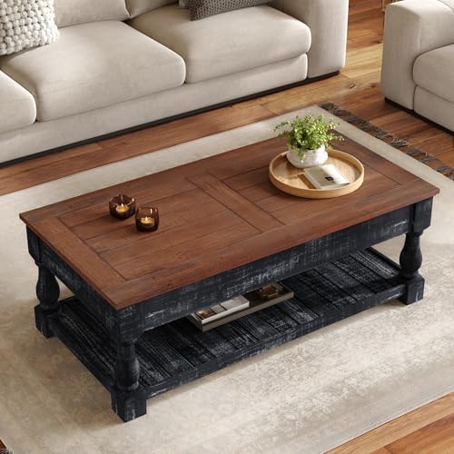 47" Farmhouse Lift Top Coffee Table with Storage, Solid Wood + MDF Center Table with Walnut Brown Top & Antique Black Base, Rustic Two-Tier Rectangular Coffee Table for Living Room