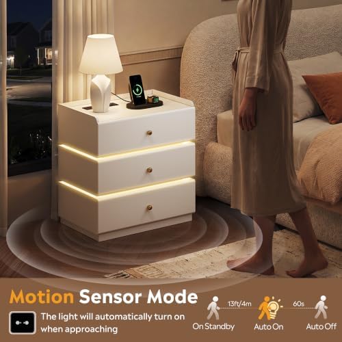 WLIVE White Nightstand with Charging Station, 3 Drawers Nightstand with LED