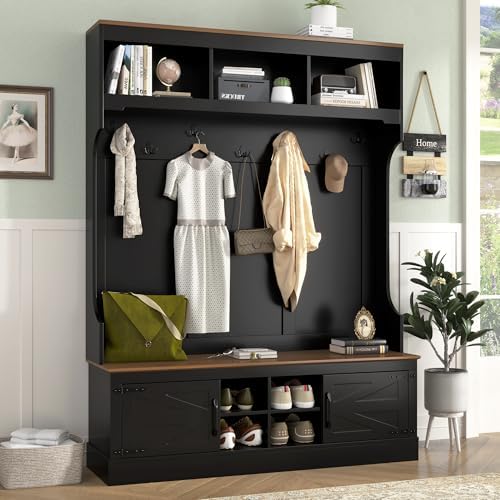 Merax 71''H Farmhouse Hall Tree with Bench and Shoe Storage, 5-in-1 Modern Entryway Storage Organizer Cabinet with Rack, 4 Shoe Cubbies & 7 Hooks for Hallway, Entryway, Living Room, Black