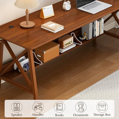 NELYE Extra Long Writing Desk with Bookshelf, 55" Wx20 Dx30 H, Walnut