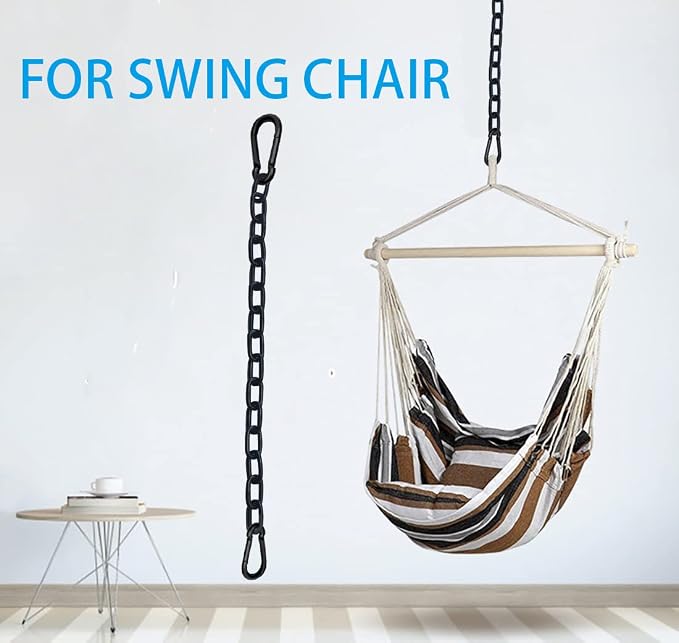 2Pcs Black Heavy Duty Hanging Chains with 4 Carabiners, Chair Hardware for Indoor Outdoor Playground Hammock Punching Bags 800 LB Capacity Small Chain Double Clips (Black Metal-1 PCS)