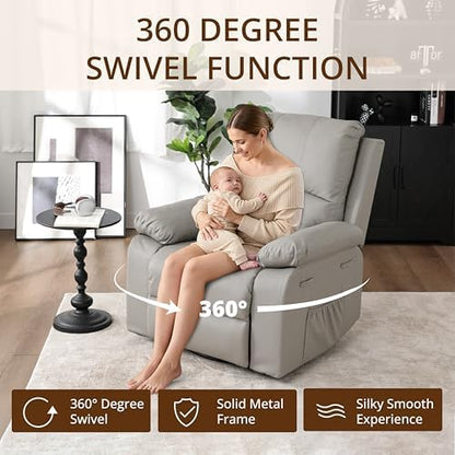 360° Swivel Rocking Leather Recliner Chair for Adults, Grey