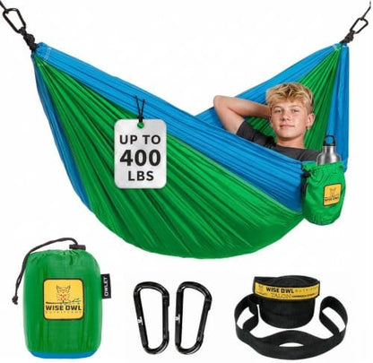 Wise Owl Outfitters Kids Hammock - Small Camping Hammock, Kids Camping Gear w/Tree Straps and Carabiners for Indoor/Outdoor Use - Kid Size Green & Blue